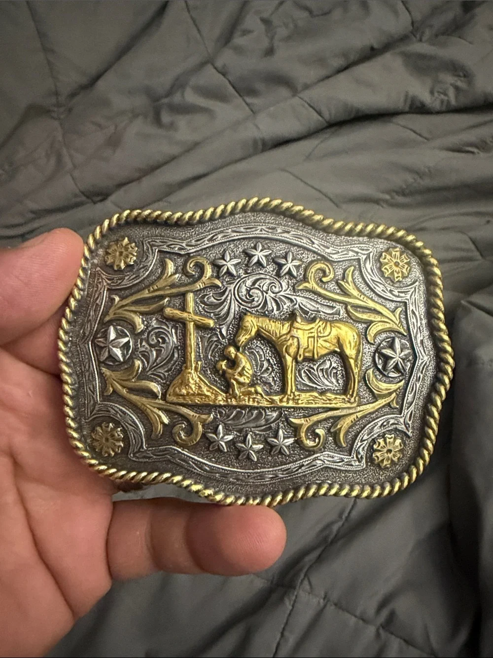 Two-Tone Western Horse & Cross Decorative Belt Buckle - Gold and Silver